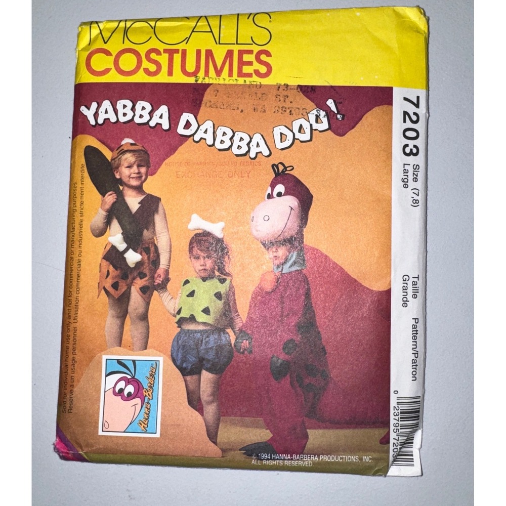 McCall's 7203 Flintstones Costume Sewing Pattern Multi Large 7-8 Vintage 1994